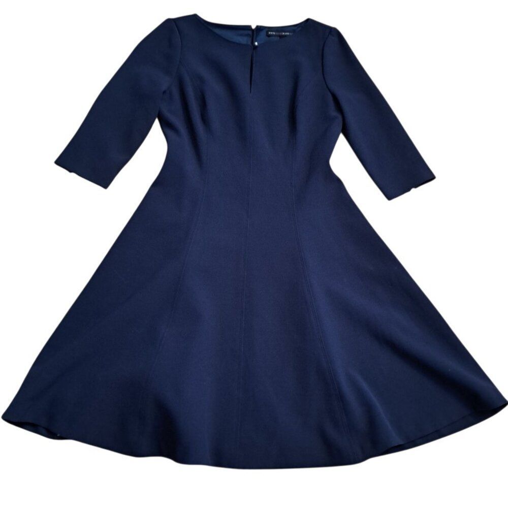 White House Black Market Women's Blue 3/4 Sleeve Fit Flare Line Dress Sz 4P